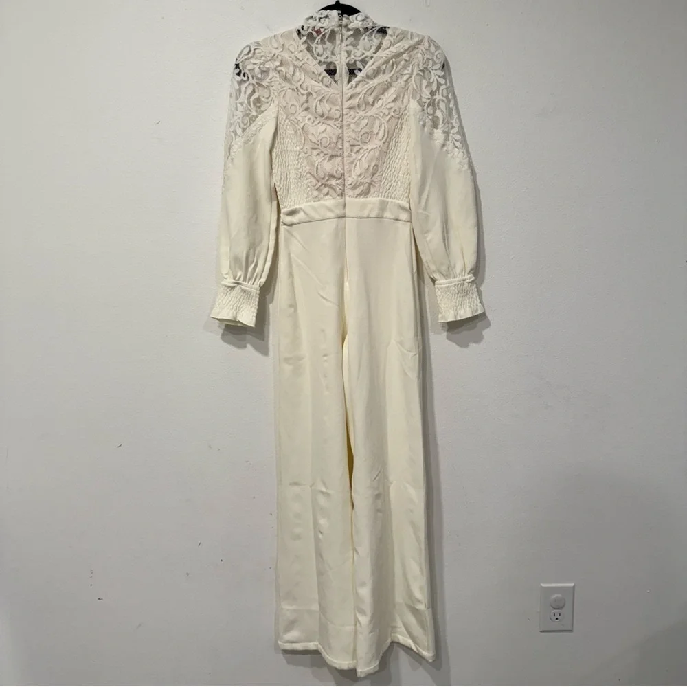 Ivy City Co Colette Cream Long Sleeve High Neck Lace Jumpsuit XXS